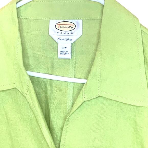 Talbots Linen Button Up Top 18W Green Cuffed Sleeves V Neck 100% Linen Pockets - Picture 3 of 7